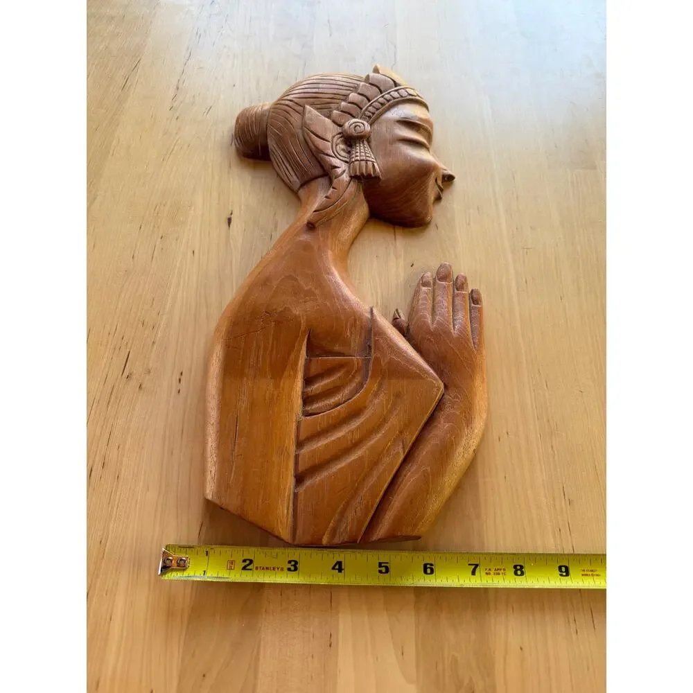 MCM VINTAGE Thai Teak Wood Carving Praying Woman Wai Wall Plaque Art Decor